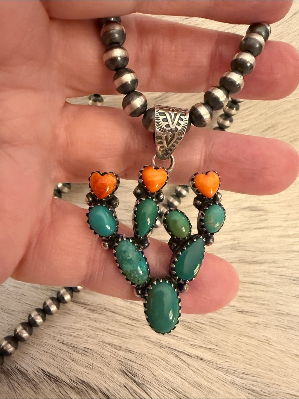 â€ïž Prickly Pear Cactus Kingman Turquoise Spiny Oyster Heart Sterling Pendant 2âL
